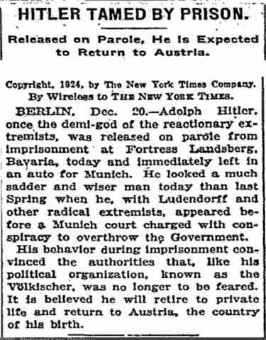 Newspaper story from 1924 in the New York Times about Hitler being released from prison. The story reported that Hitler will retire in Austria.