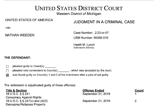 Screenshot of judgement sentencing The Base member Nathan Weeden to 26 months in prison.