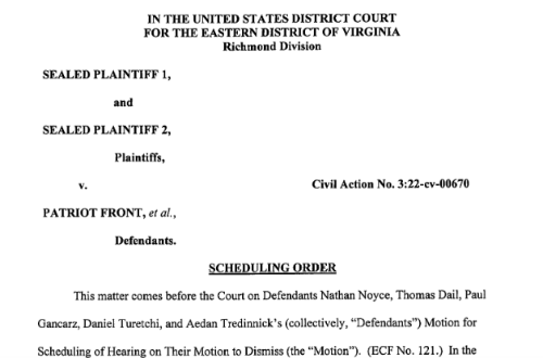 Screenshot of order granting hearing. Truncated text reads SCHEDULING ORDER This matter comes before the Court on Defendants Nathan Noyce, Thomas Dail, Paul Gancarz, Daniel Turetchi, and Aedan Tredinnick’s (collectively, “Defendants”) Motion for Scheduling of Hearing on Their Motion to Dismiss (the “Motion”). (ECF No. 121.) In the Motion, Defendants request that the Court schedule a hearing on Defendants’ Amended Motion to Dismiss