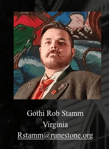 Photo of Rob Stamm. It's a screenshot from Asatru Folk Assembly contact page. The photo shows Stamm in a suit and tie in front of some sort of mural. He email rstamm@runestone.org is shown